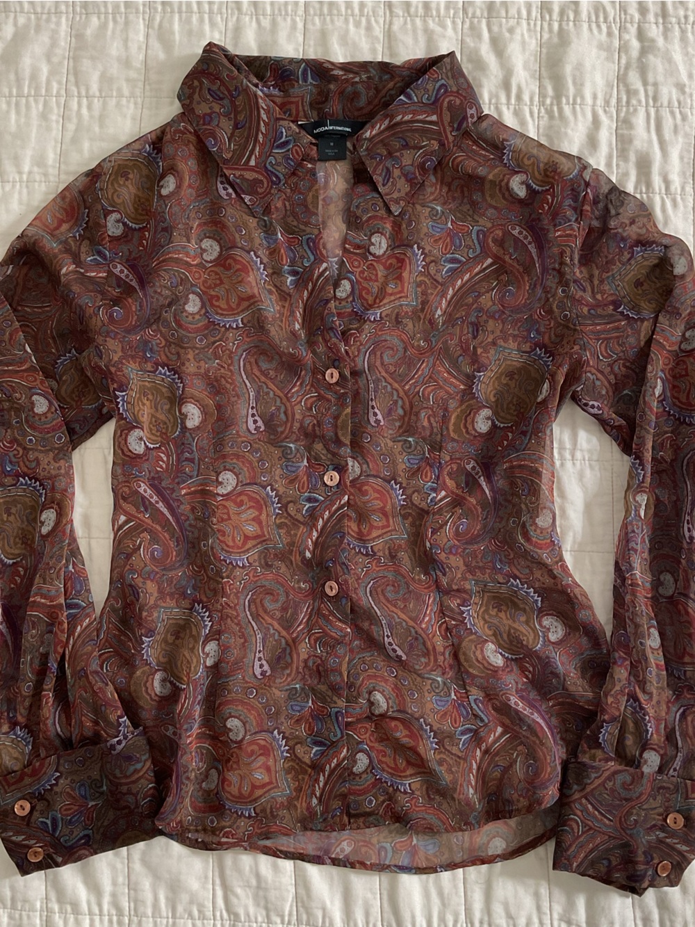 Vintage Moda International 60-70s Disco Sheer Brown Paisley Button Up